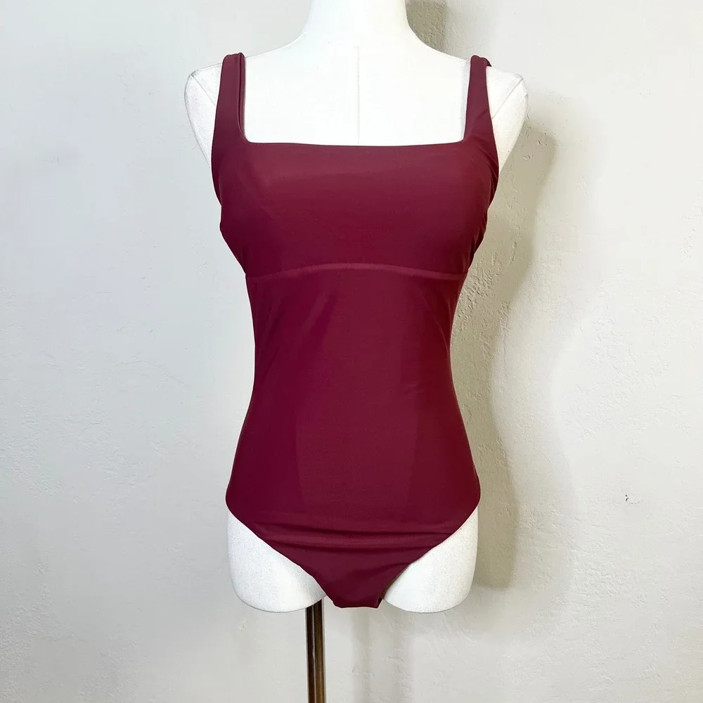 Bondi Born‎ Sculptuer One Piece Swimsuit Burgundy Wine Red Square Neck Medium